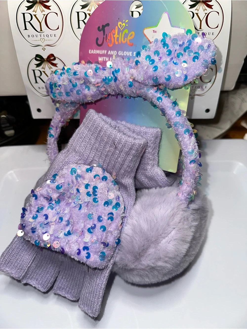 Justice Lilac Sequin Earmuffs and Matching Gloves Set